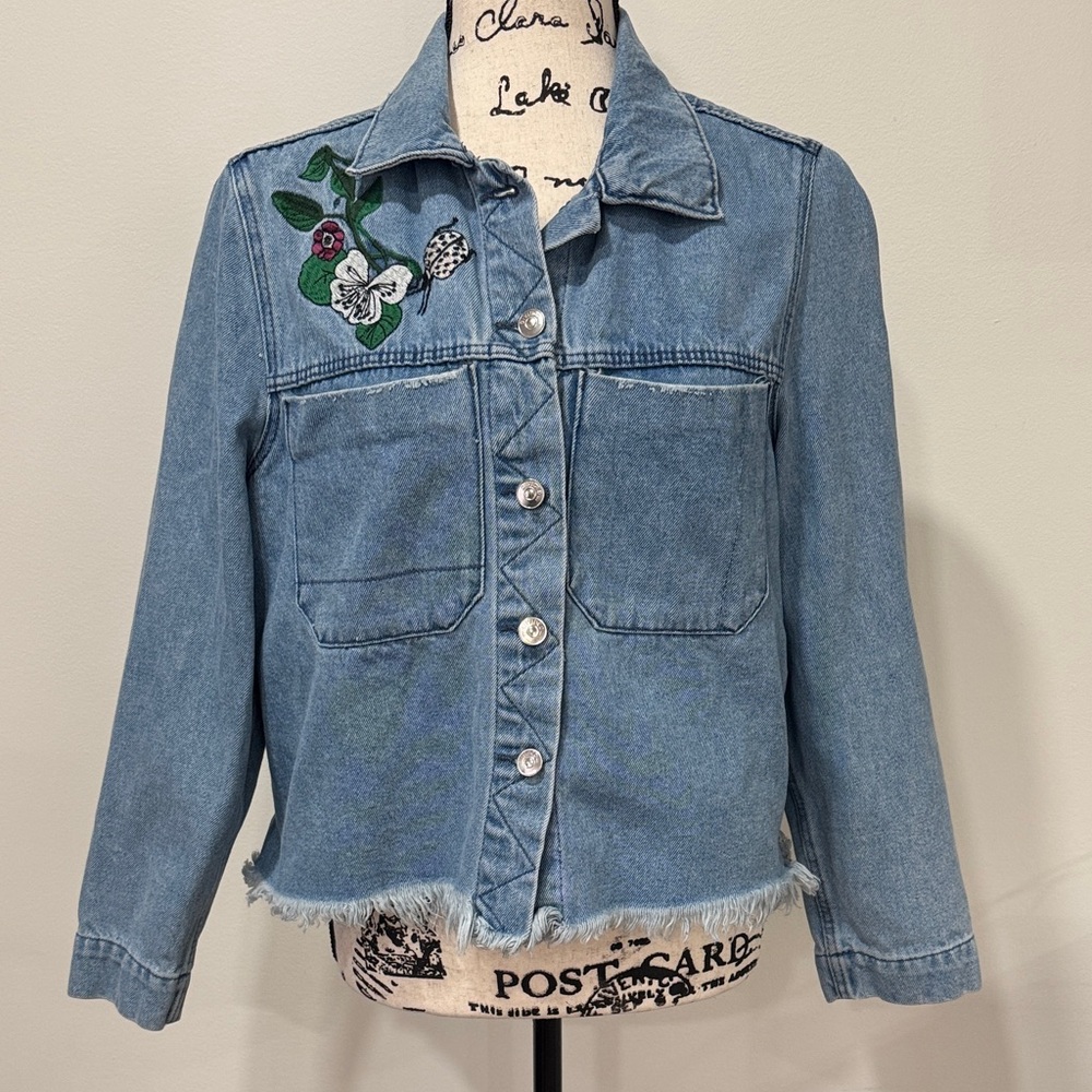 H&M COACHELLA Embroidered Blue Denim Jacket with Floral Detail SZ 14
